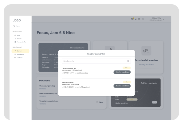 Ein Dashboard einer Online-Plattform zur Auswahl eines Fahrradmodells und Händlers. Ein Pop-up-Fenster zeigt eine Händlerliste zur Auswahl.