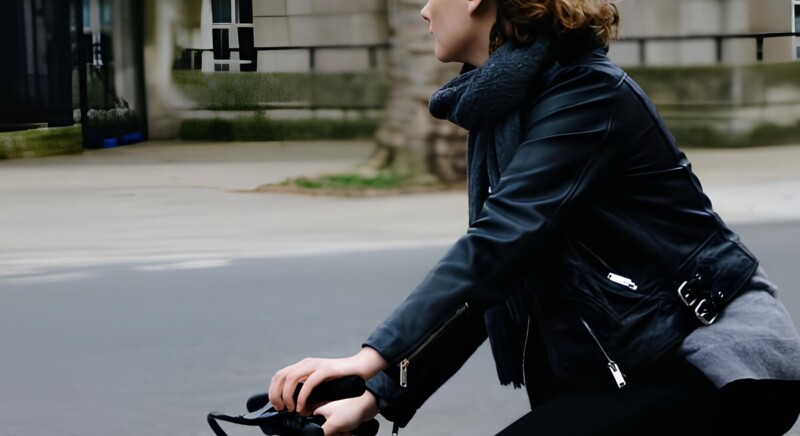 Eine Frau in einer schwarzen Lederjacke fährt auf einem Fahrrad durch eine städtische Umgebung.
