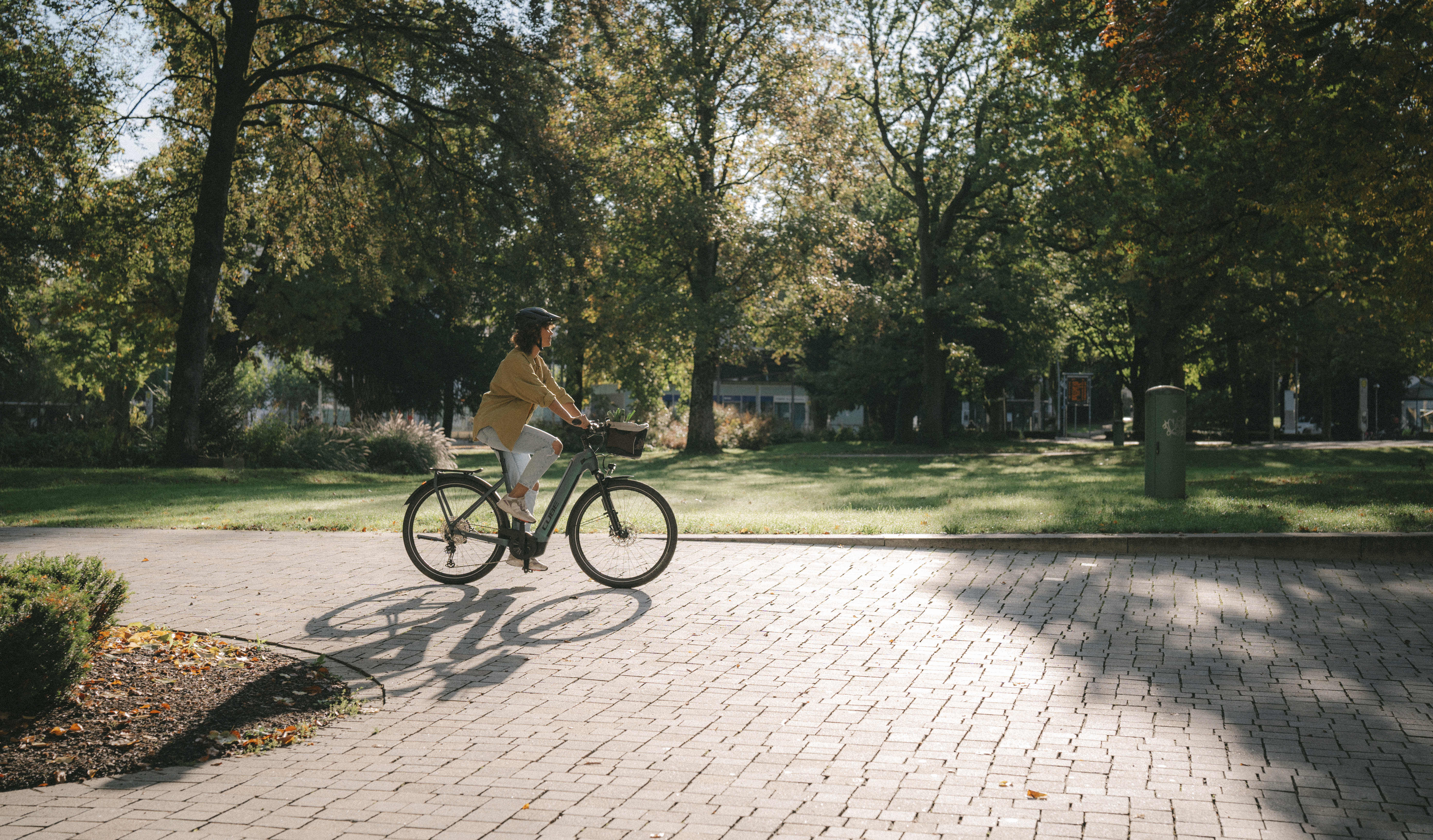 Eine Person fährt mit dem Fahrrad über einen gepflasterten Weg durch einen sonnigen Park mit großen Bäumen.