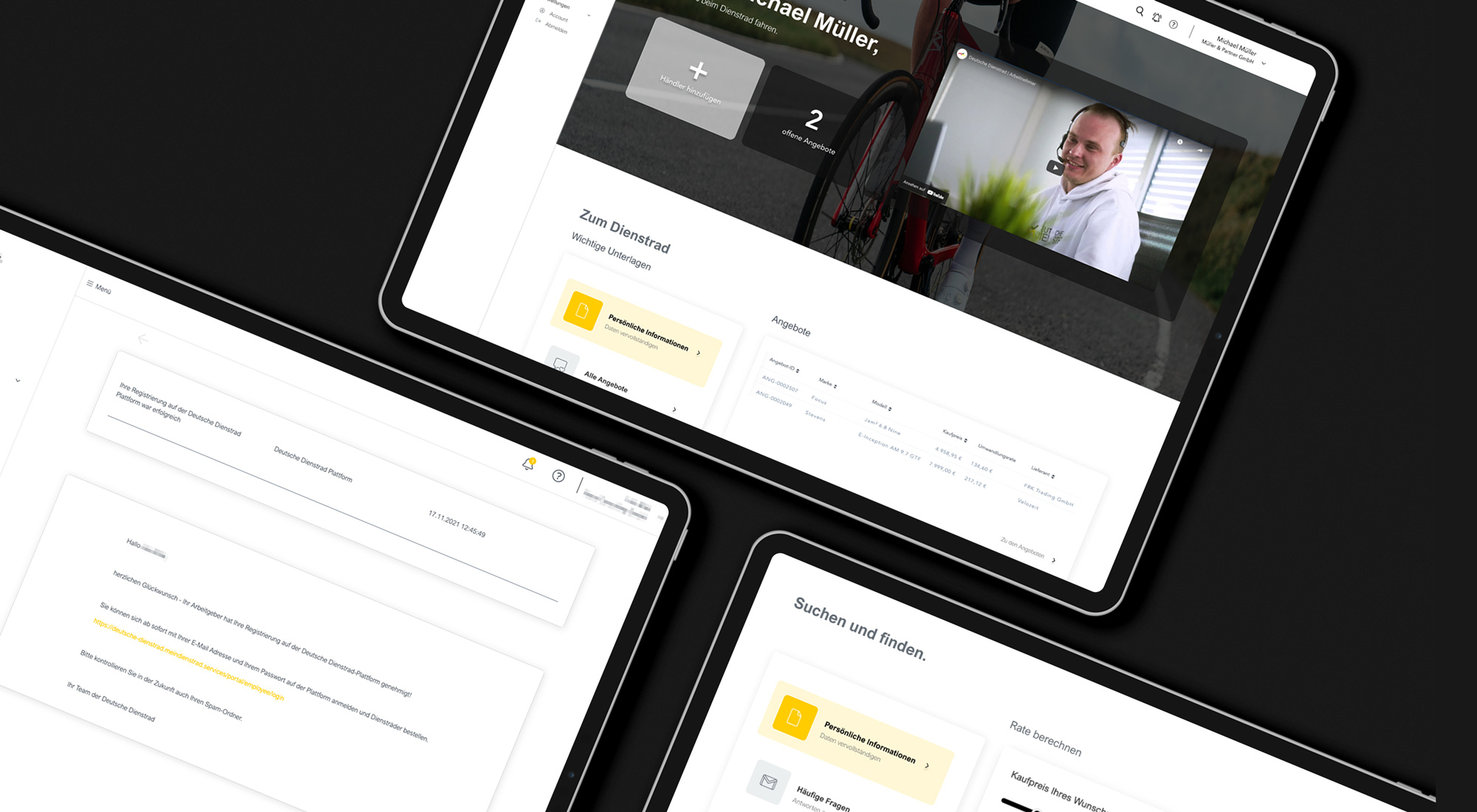 Drei Tablets zeigen verschiedene Ansichten einer digitalen Plattform für Dienstrad-Angebote.