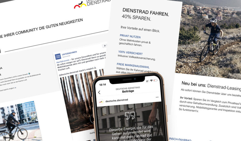 Eine Collage verschiedener Screenshots, darunter eine Smartphone-App mit Beiträgen und Anzeigen, Informationen über das Dienstfahrradleasing und Vorteile, sowie Bilder von Personen, die Fahrräder nutzen. Das Bild zeigt den Fokus auf Fahrradmobilität und Leasingangebote.