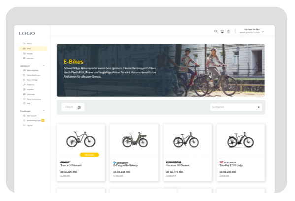 Ein Online-Shop-Interface für E-Bikes mit Filter- und Sortierfunktionen, sowie einer Auswahl an verschiedenen Fahrradmodellen samt Preisen.